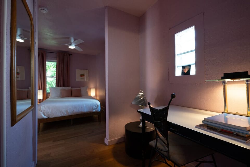 Workspace: A quiet nook with creative lighting and space to focus.