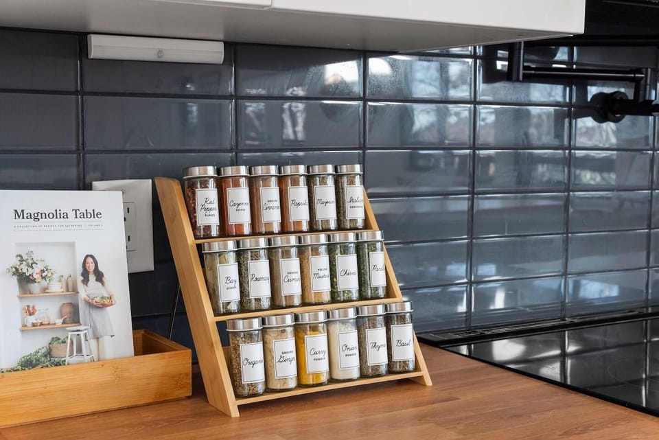 A complete range of spices and a selection of cookbooks—everything you need to create delicious meals.