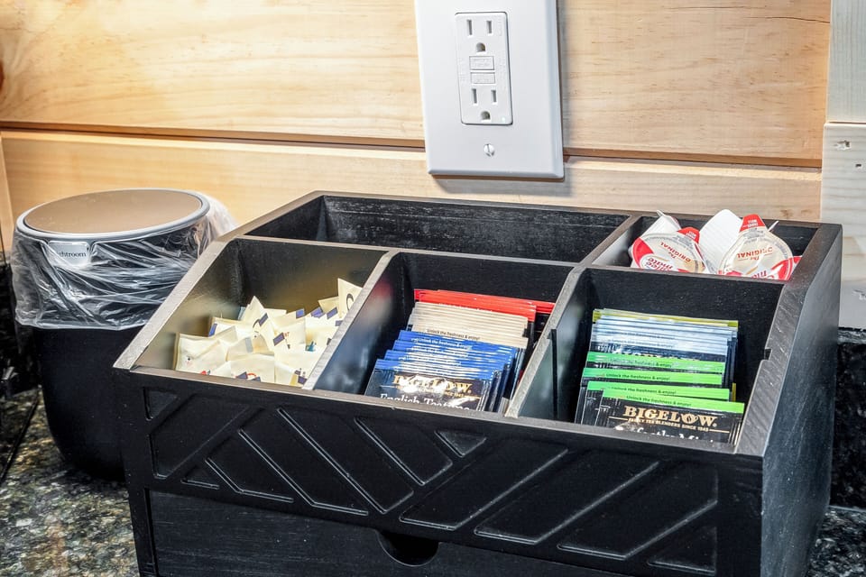 Coffee and tea station stocked and ready for your stay.