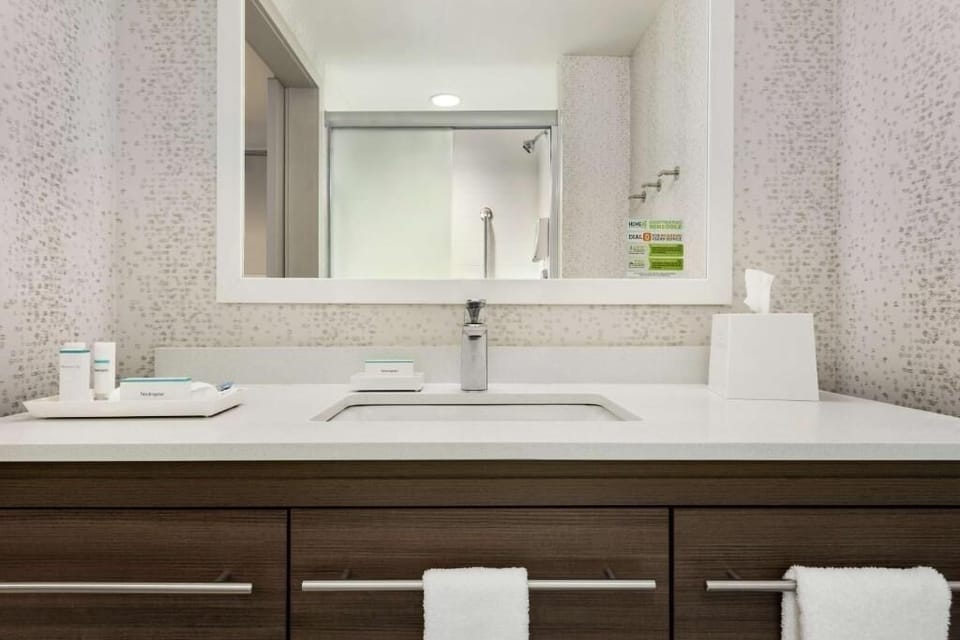 Refresh your day with a spotless vanity and bright, modern shower