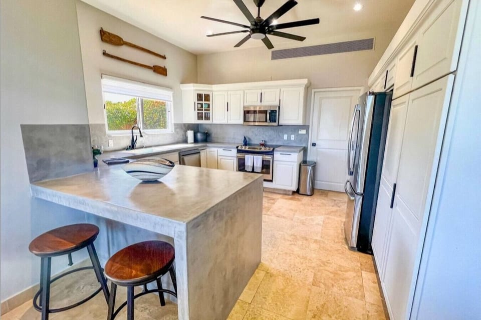 Fully equipped modern kitchen featuring stainless steel appliances and concrete countertops.