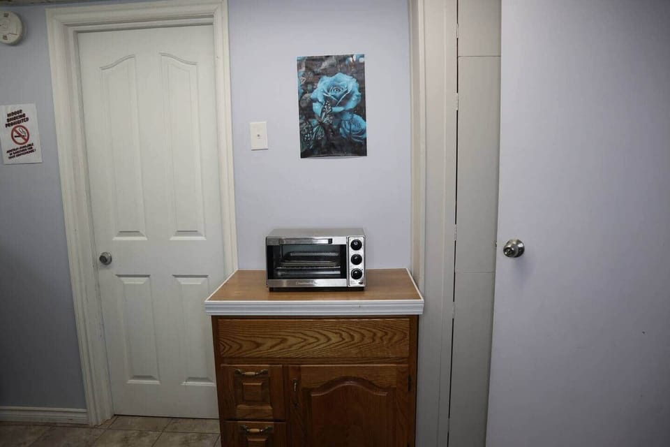 Prep area and toaster oven.  