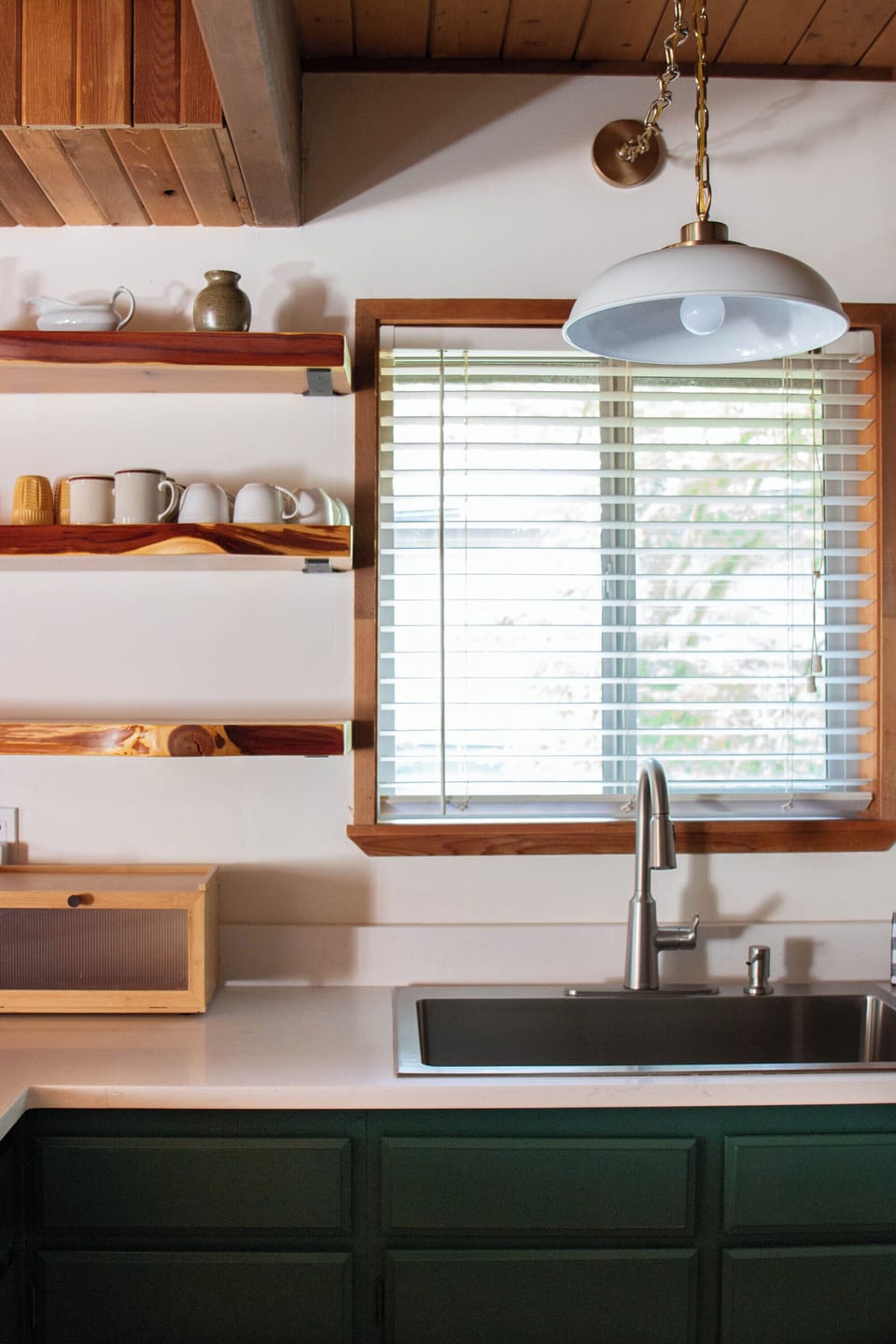Open floating shelves keep items visible and easy to grab