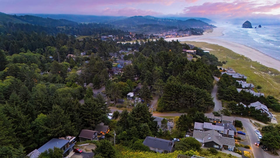 A breathtaking aerial view of a serene coastal community with stunning ocean and forest views.