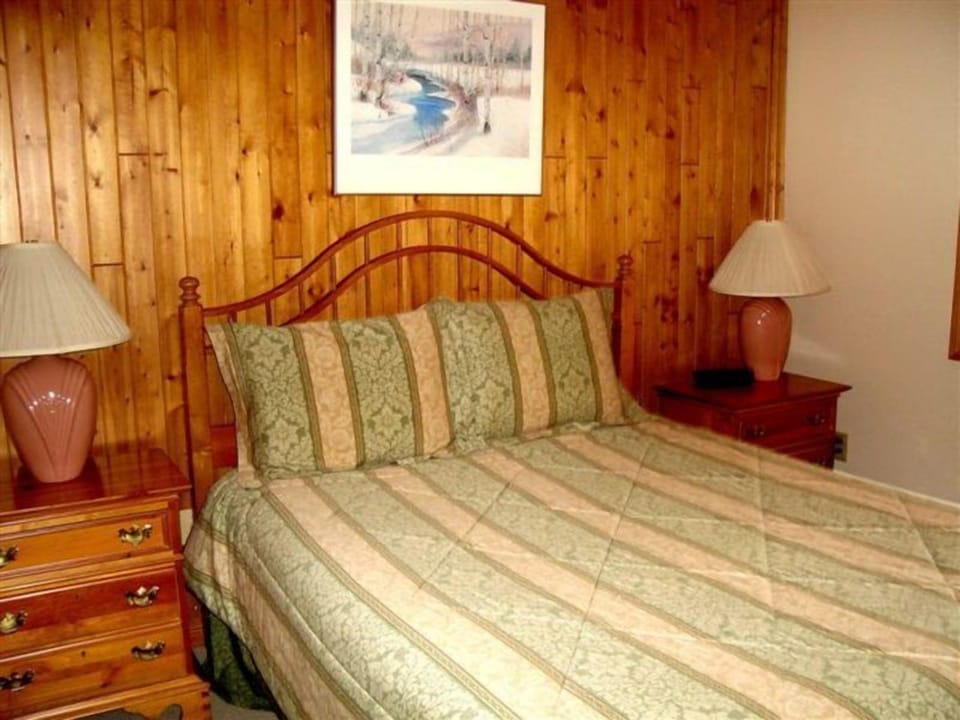 Inviting bedroom with wood-paneled walls, soft lighting, and a comfortable queen bed that adds to the mountain-lodge charm.