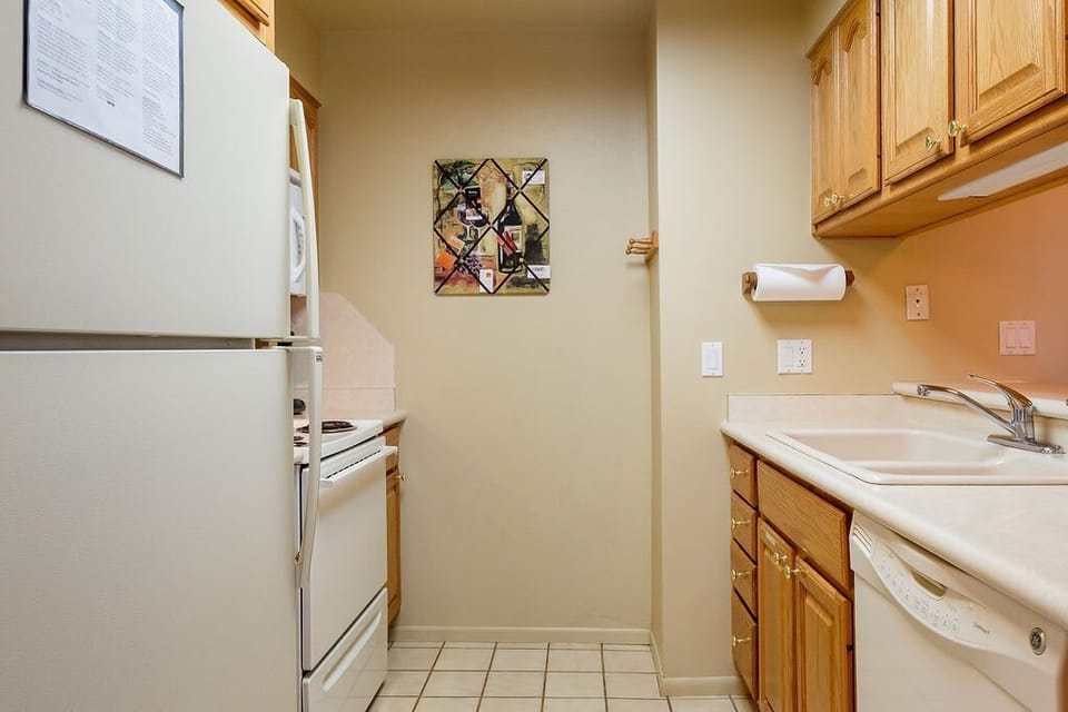 Kitchen straight view including fridge and sink