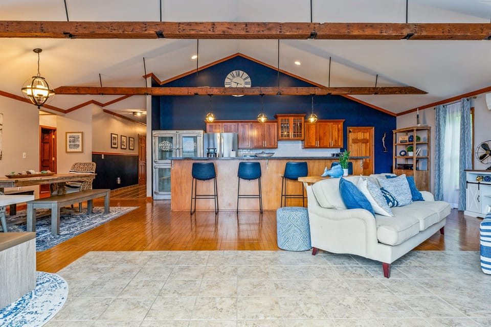 Open concept kitchen dining and living space