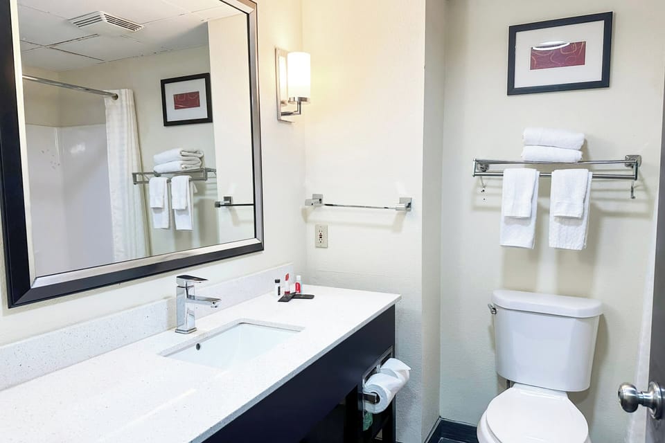 Start your day with bright lighting and a spacious vanity.