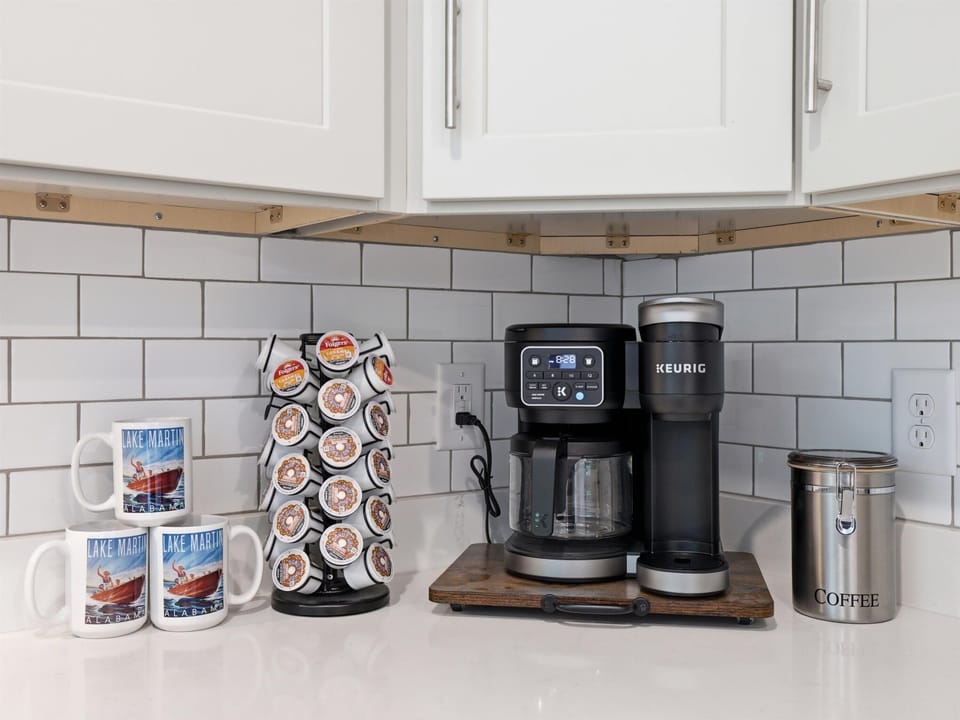 We provide all the essentials, including a dual Keurig/full size drip coffee pot, along with pods, 