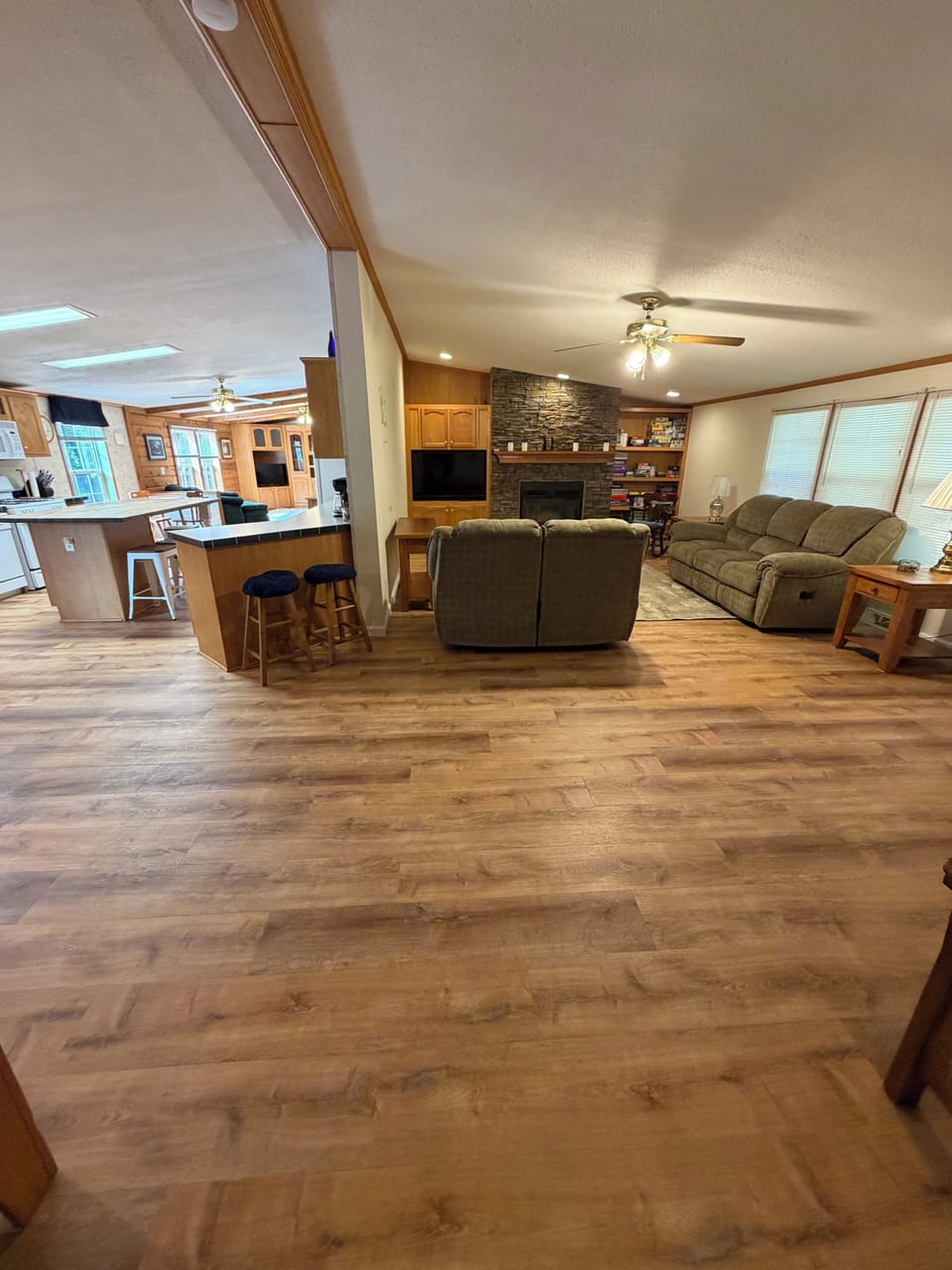 Both living rooms and kitchen