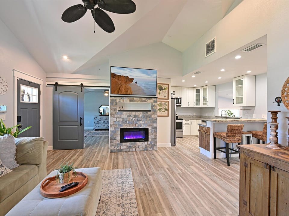Electric fireplace warms the home on a cool evening