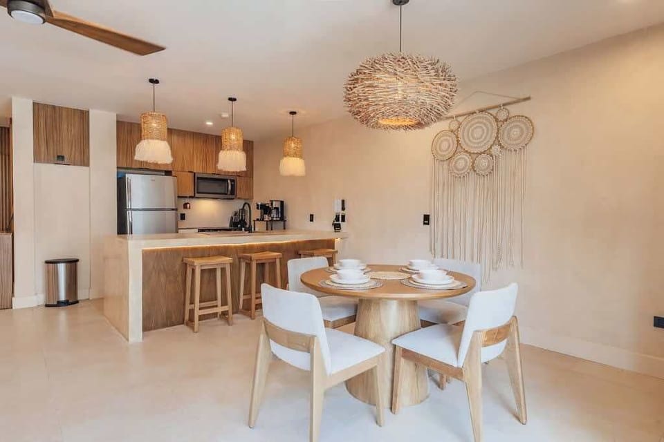 Dining table and kitchen seating
