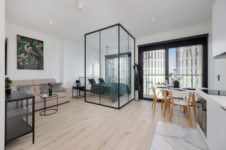 The living area's sleek design is both functional and aesthetically pleasing.