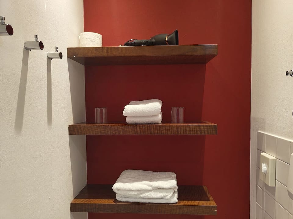 Modern Bathroom with Towels, Hairdryer and Body Soap