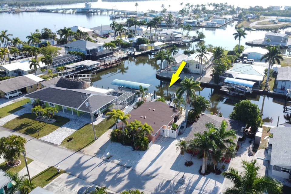 An aerial view of the property and surrounding neighborhood.