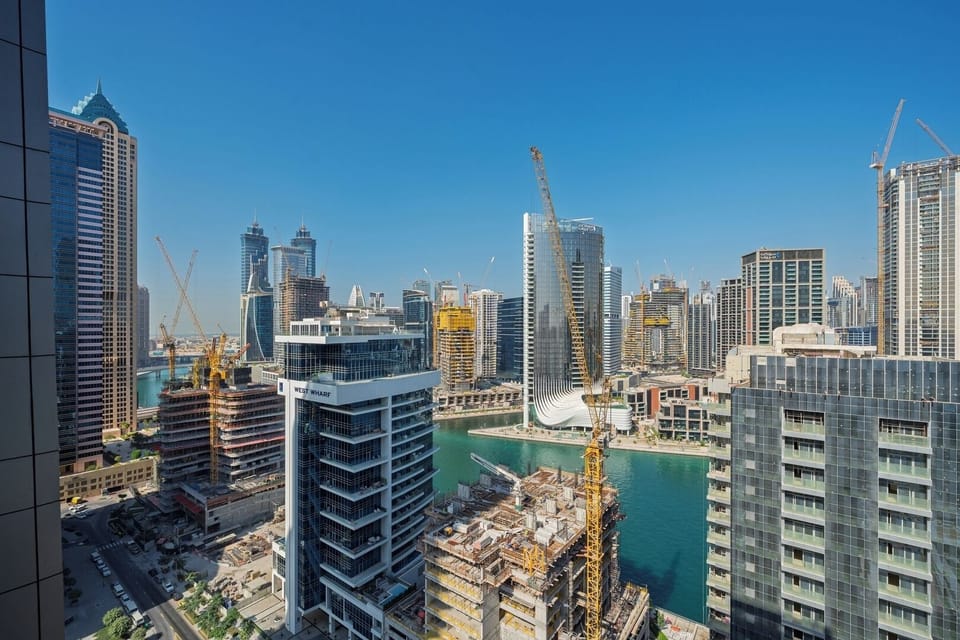 Dubai canal and city skyline view