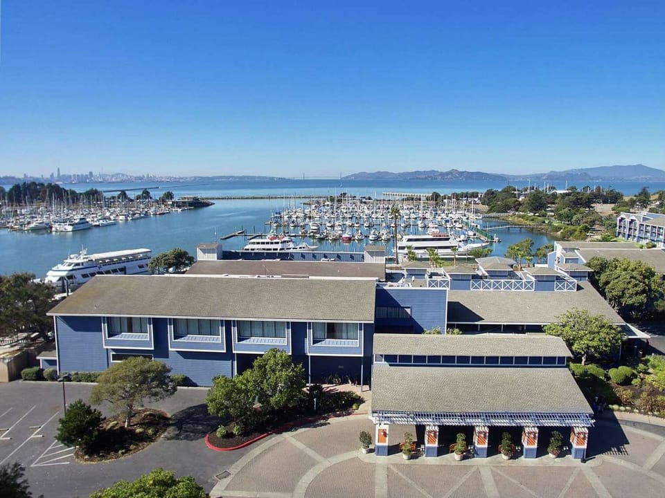 Wide marina scene with boats and clear blue skies