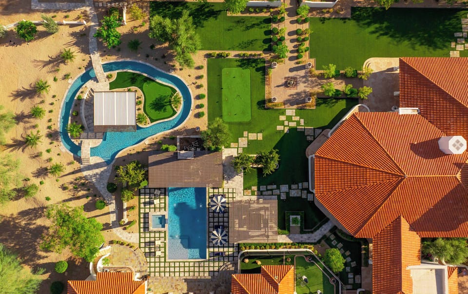 Aerial view shows the full scale of this amazing property