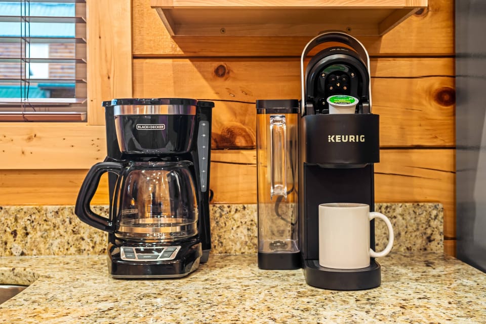 Coffee bar with Keurig and drip coffee maker. Start your mornings right before heading out to explore hiking trails, scenic drives, and Smoky Mountain adventures.