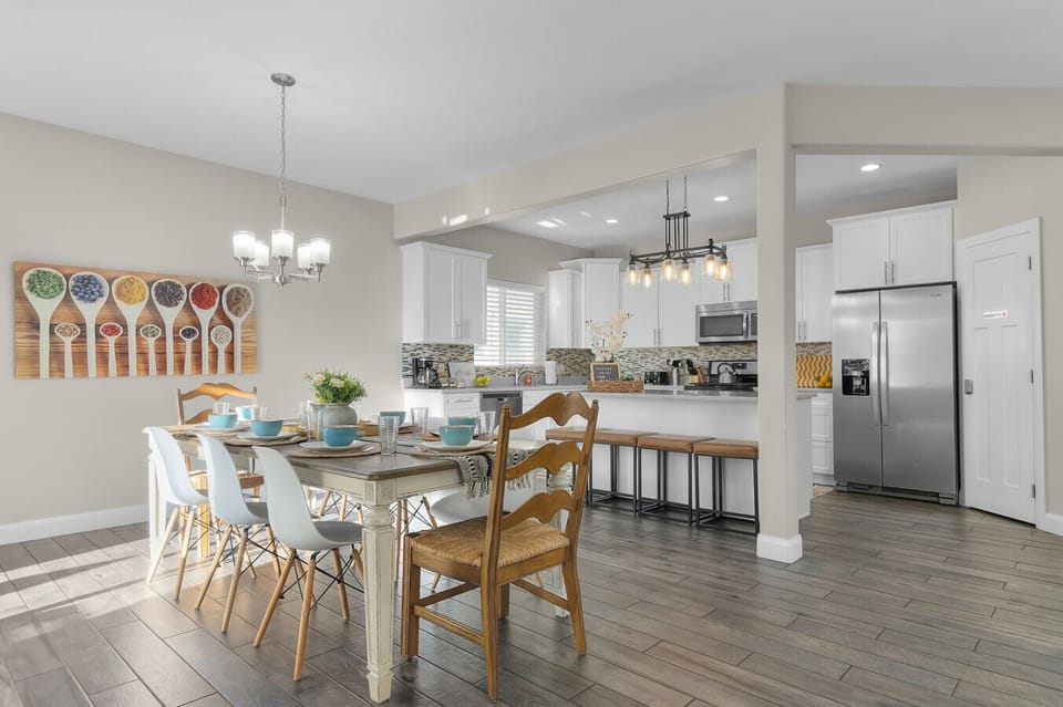 Open Kitchen & Dining | Farmhouse Table for 8 | Modern Appliances & Breakfast Bar