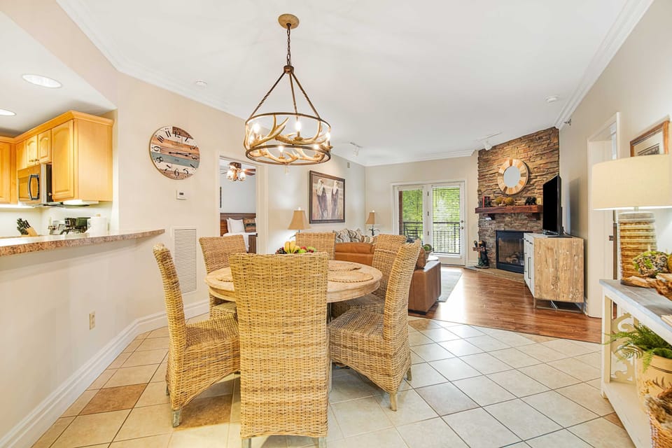 Enjoy meals under the unique antler chandelier in this charming space!