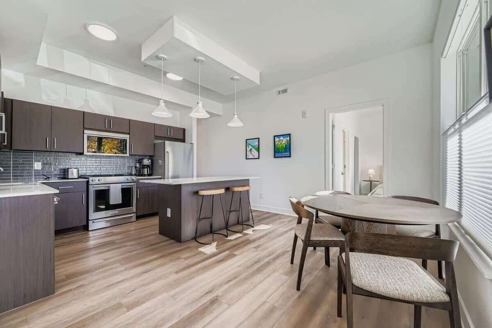 Open-concept kitchen seen from living area