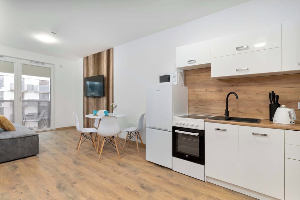 The sleek design of the kitchenette blending seamlessly with the living area.
