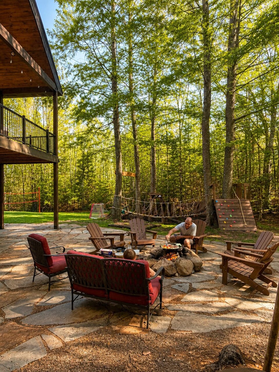 playground located next to the fire pit, hot tub and the porch 