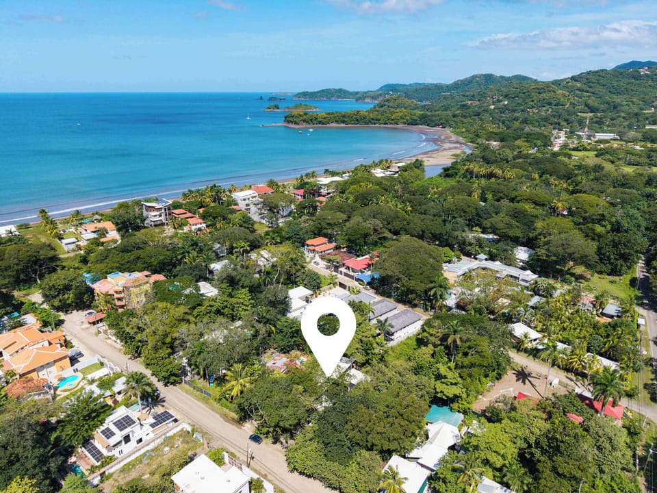 Aerial view highlighting the home's location within a lush neighborhood.