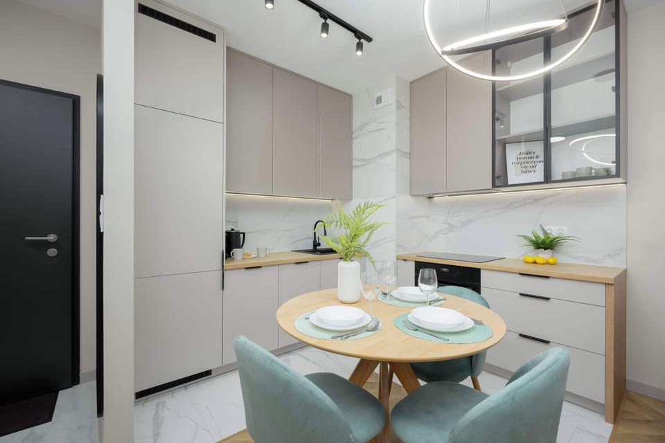 The kitchenette's practical layout maximizes space and functionality.