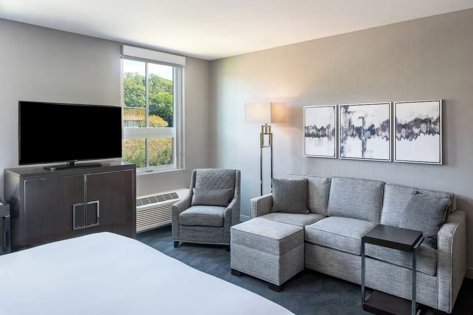 Stretch out on the cozy sofa after a full day.