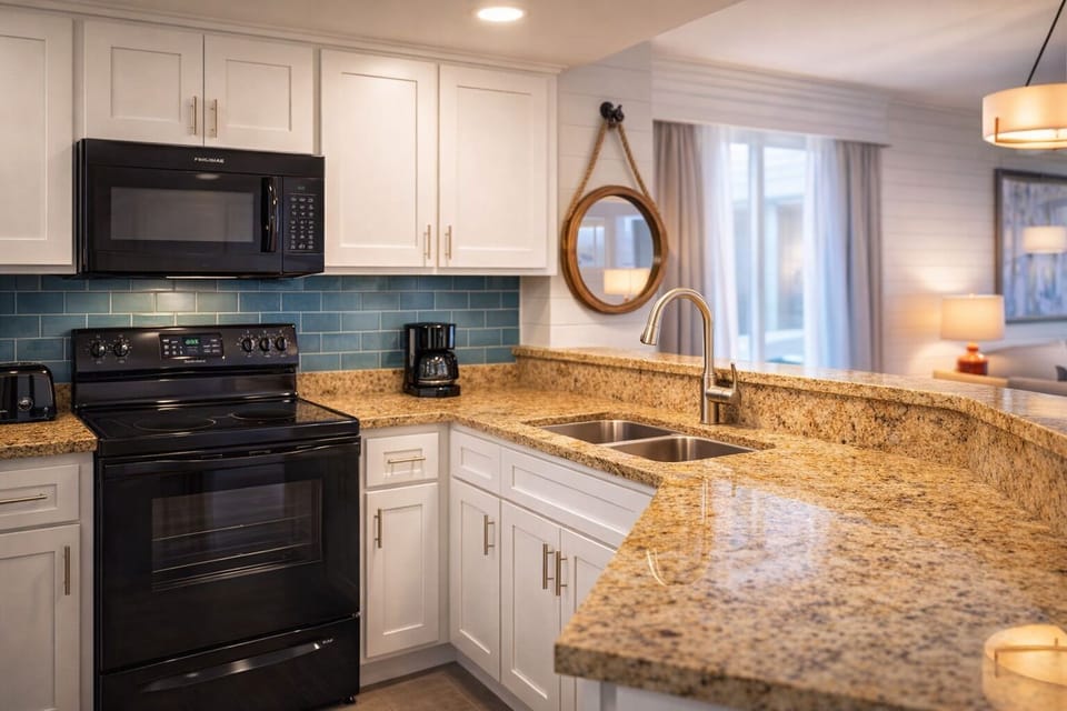 Cook up favorites on granite counters with full-size appliances.