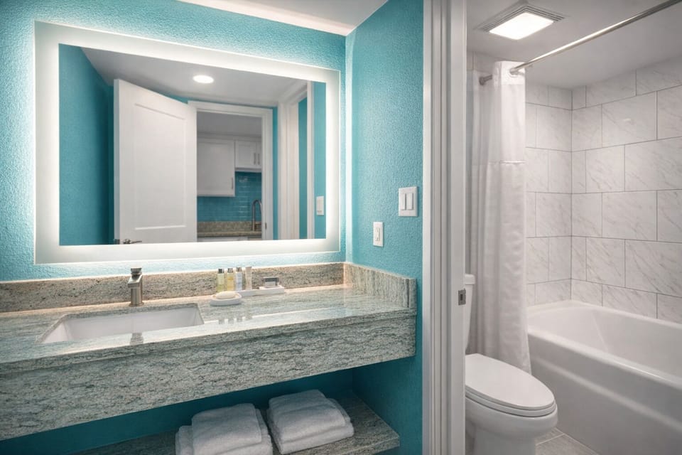 Refresh at the glowing vanity with soft, spa-like lighting.