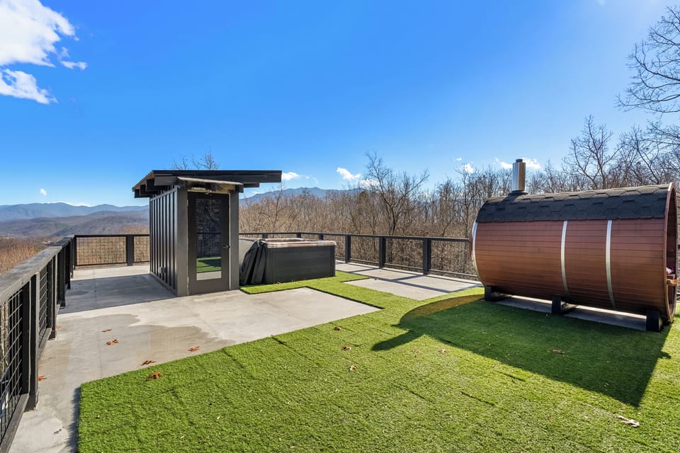 Sauna and hot tub on the lower lawn