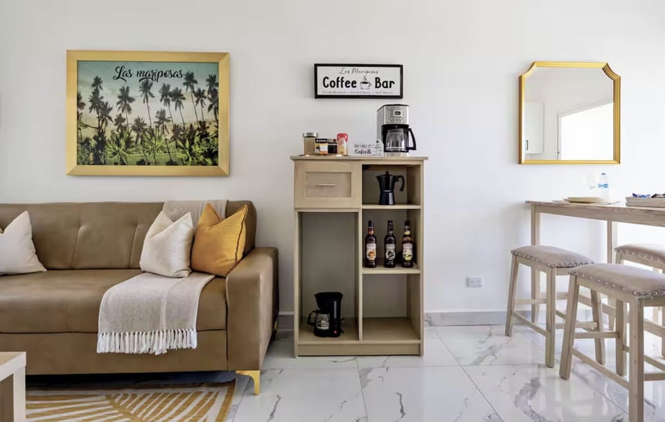 Coffee bar, snacks, and extra seating for relaxing at home