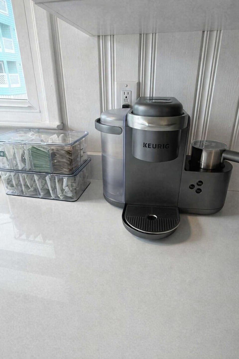 Coffee bar with Keurig latte maker and Fabula Organic coffee