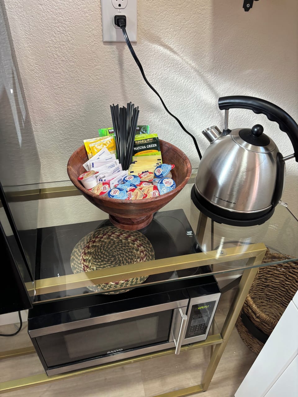 Creamers,sugar and sweetener as week as teas are stocked for you to enjoy.
