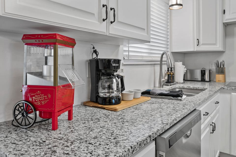 The kitchen is well appointed with service for up to 10 people, and just about every amenity you could need to prepare meals for large groups.