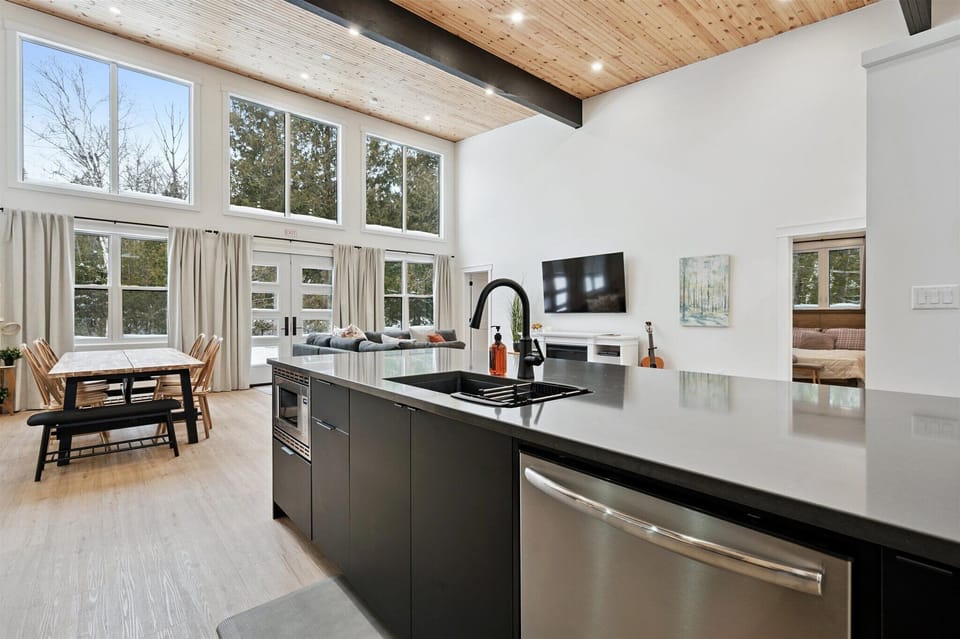 Kitchen island perspective highlighting open sightlines to the living area and expansive windows beyond.