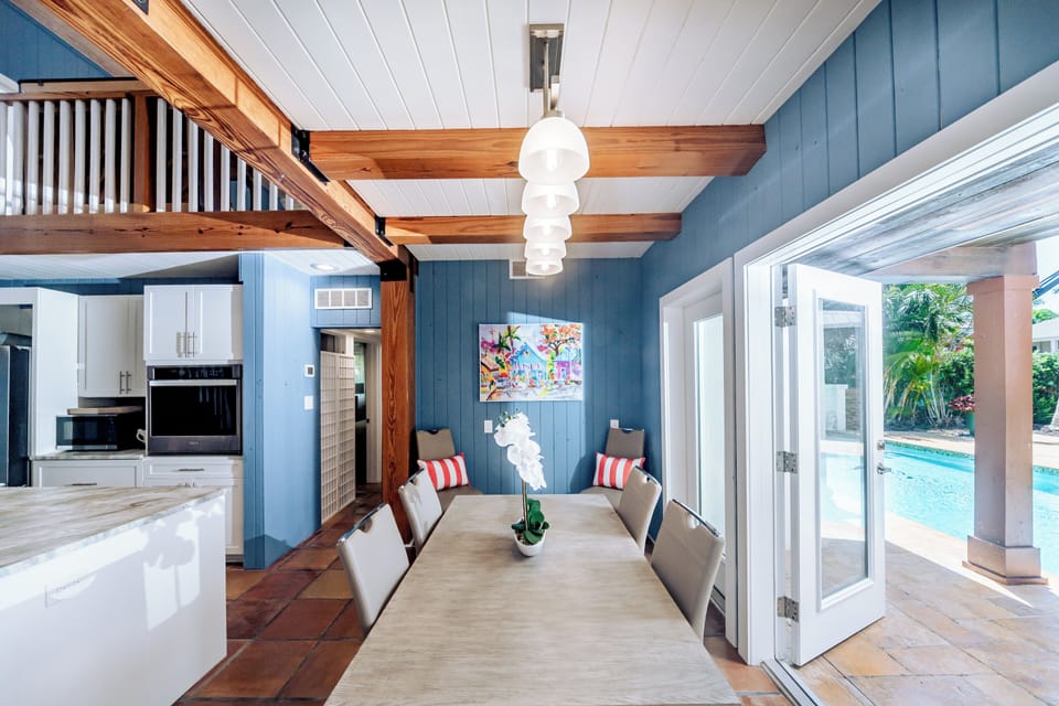 Dining overlooking Pool and Court Yard