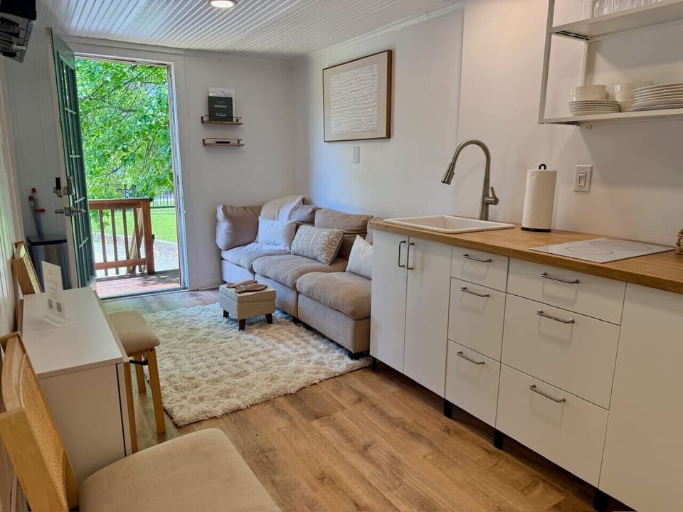 View of living area with kitchenette & convertible dining