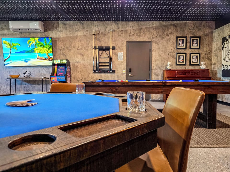 Pacman Multi-Arcade game (8 in one), 75" TV, pool, poker & more for lots of fun!