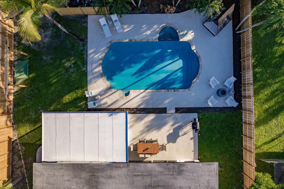 Aerial view of the private pool and backyard oasis