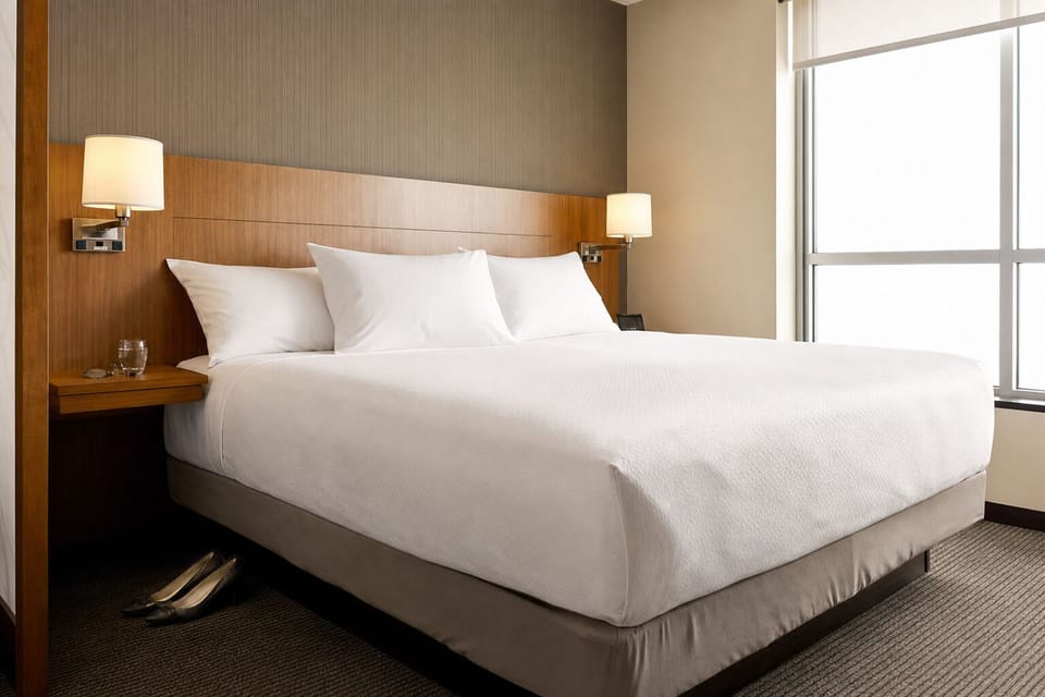 Sink into crisp linens beside sunlit windows and city views.