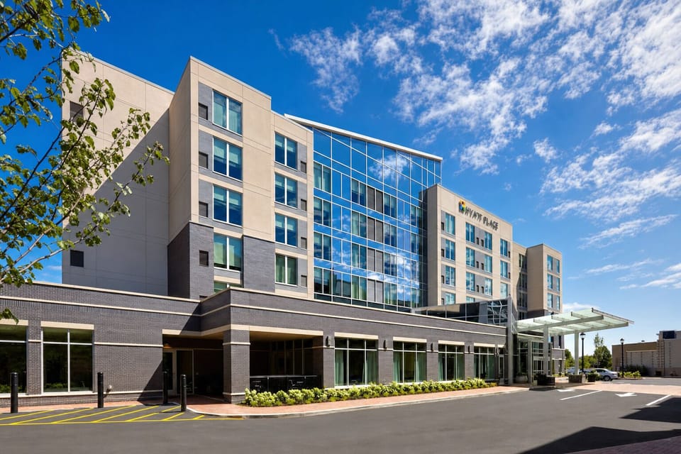 Arrive in style at this sleek, modern hotel entrance.