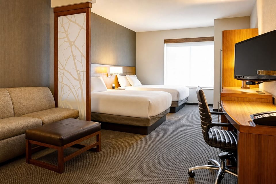 Wake up refreshed in a bright room with two plush beds.