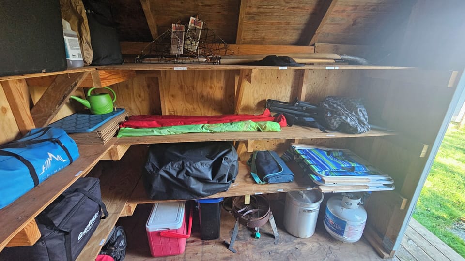 shed full of extras for the beach/ crabbing/ clamming/ mushroom hunting/backyard fun.