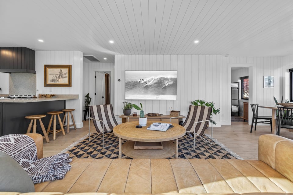 Large 75" television and open floor plan
