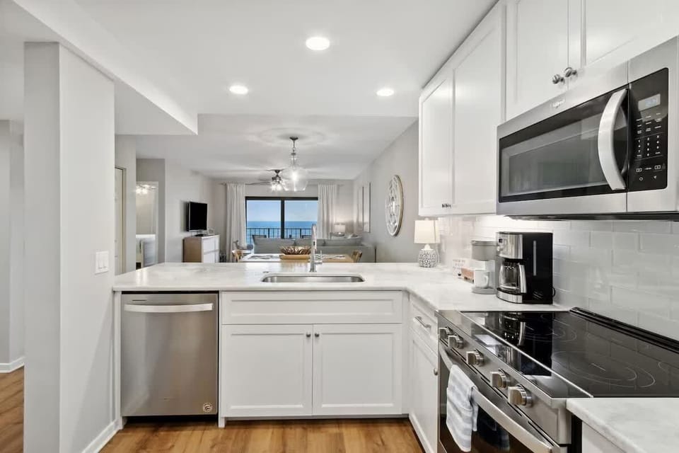 Kitchen with ocean views