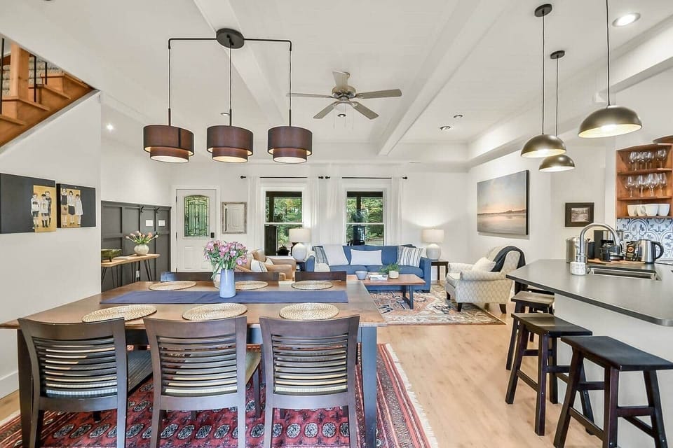 The dining table works well for sprawling board games as well. The lights are on a dimmer and can be adjusted for games or dining.